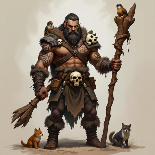 Kael the Beastbound – A rugged, broad-shouldered man with dark brown skin and a rough beard, wearing armor made from bone and leather. deep green eyes tattoos of animal tracks spiral down his arms. He carries a massive wooden staff carved with the shapes of beasts, and small creatures often perch on his shoulders or follow at his feet.