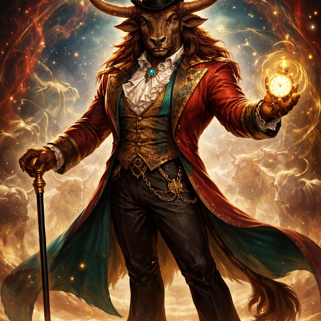 A 6 1/2 foot tall, well~proportioned Minoan male Minotaur with a humanoid-Cretan bull smooched face with deep set bovine brown eyes, long forward-curving horns like his fathers and a bovine tail. His skin and fur being a captivating earthy umber color. He works at freak show as the ringmaster. His outfit consists of a crimson and teal tailcoat, frilly shirt, stunning muted copper blazer, black pants and top hat. His abilities are Reality Rejection, Time Manipulation (Chronokineses), Zoolingualism (Language of Cattle only), Human Speech. His mother is a Minoan with some animal (Aurochs Cattle) physiology and his father is the Cretan Bull.