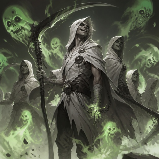 Male superhero with the ability control green spirits, crazy, white cape with hood, black eyes, scythe, multiple of the same character 