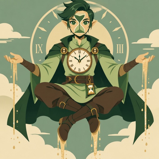 man of time,body shape hourglass,dark green hair right side swooped down and longer,Sand colored skin,no nose or mouth,has a thick medium color green lining around his face and one big hourglass lining inside face connected to the outside lining ,pointy ears,eyes green and the pupils look like clock in his waist hands,has small hourglass and sand,his chest has a big clock on it,wearing a light green tunic,dark green no sleeve cloak brown pants and boots sand coming from hands and feet,he’s sitting in the air 