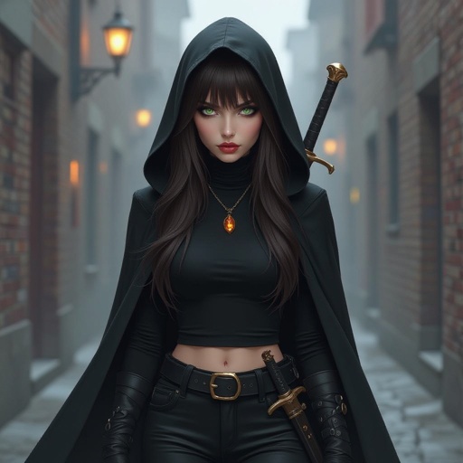 
A woman with long brown hair and light green eyes. She has bangs that cover one eye, an emo-style fringe that covers the entire eye. She has a chubby, round face. Pale skin. Delicate beauty. Thin lips. She is dressed in black pants and a black turtleneck. She wears a belt with a dagger. A long sword hangs on her back. In her hand, she holds a short sword. She wears a black cape and a large hood over her head. Around her neck, she wears a necklace with a shimmering amber. The woman looks menacing. A dark alley, a dark atmosphere. A few lights. Fog. Dark.

Breasts covered. Dark. Fog. Black.