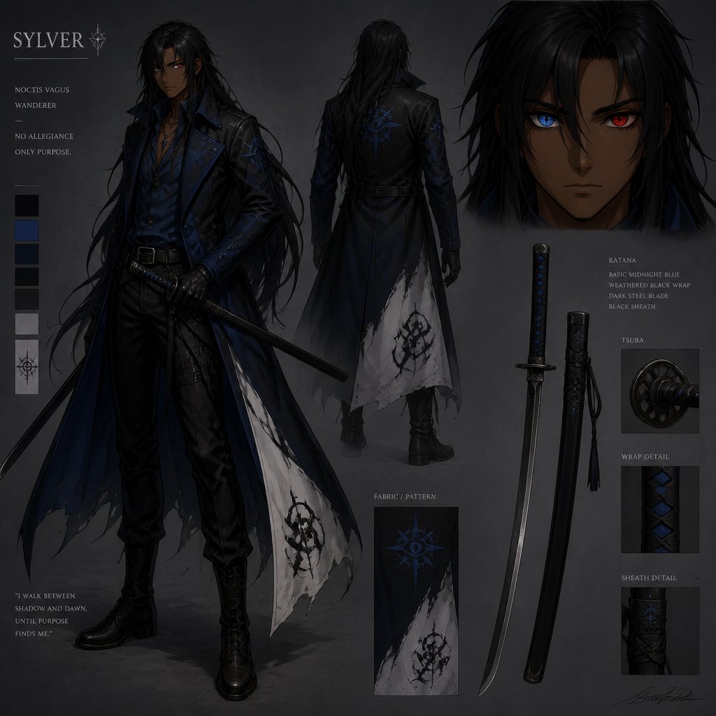 long black top half and white bottom half hair eye color sapphire blue iris for left eye with cat eye slit pupil and ruby colored right iris and normal pupil mocha color skin wearing blue and black trench coat and black pants with black boots wearing dark blue shirt name Sylver wearing a basic looking midnight blue handle with weathered black wrapping katana with dark steel colored blade and black sheath