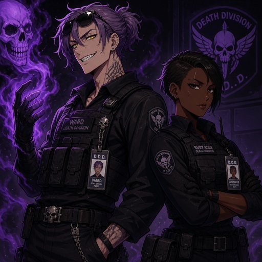 Anime style, Agent Ward, was made in a secret lab to be the best weapon and good at everything, highly skilled in many things, has to be kept in check by the facility and have an emergency backup in case he gets out of control, Wards hair is in a messy loose bun hair color violet, he is clean shaven, has yellow night vision eyes, sharp teeth,he wears sunglasses on his head, has a dark power of death from the experiments, the best agent, he's in his late 20s, tired, tall, eyes are sensitive to light, easily gets migraines, likes making jokes, sassy, reckless mischievous and dangerous,grins, hates being told what to do, intimidating, laugh like a maniac,cares about his partner ruby rose she's dark skin serious plays by the rules and firm but nice to ward them arguing ruby saying that ward needs to stop scaring the suspect so much while ward grins saying “ but it gets the answers out of them more easily”