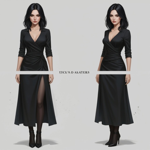 Show character head to toe. Create a mid age mysterious woman jet-black hair is cut sharpand her eyes seem to pierce through darkness. A shadowy aura clings to her form,