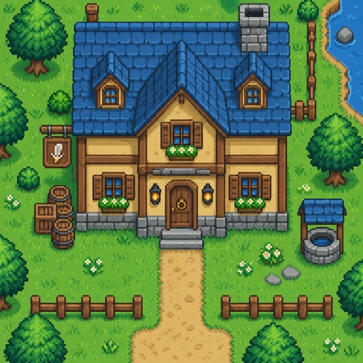 Two story house, unique, for a modern fantasy game, exterior, top down style, shading and highlights