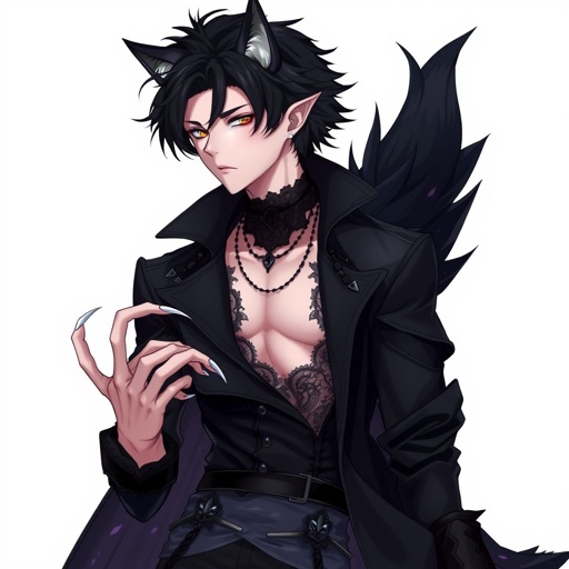 Create in anime style, a young adult, pale skinned, gothic male human wearing black attire and has werewolf features including werewolf’s ears and werewolf’s claws and a werewolf’s tail.