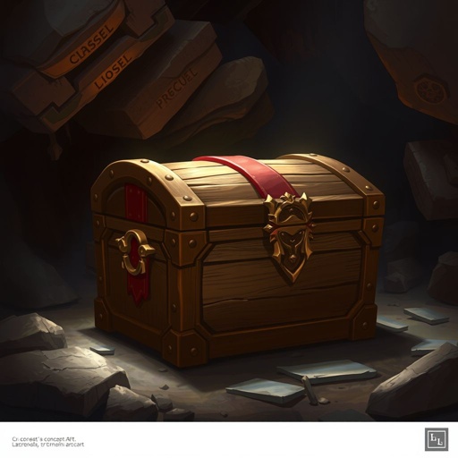 Closed elegant wooden treasure chest with red banding sitting on cave floor by itself 
