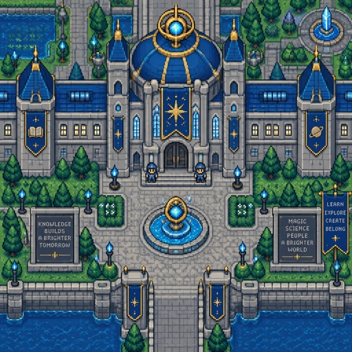 School  full building for a futuristic fantasy city game, exterior, top down style
