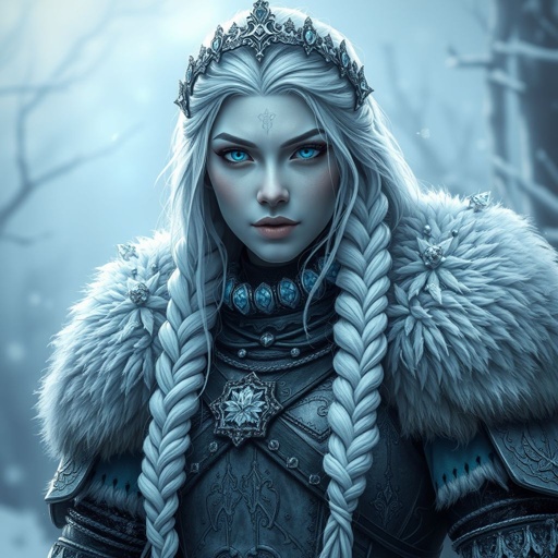 Create a character : A tall, battle-hardened woman with pale, icy-blue skin. Her long silver hair flows in braids tipped with frozen beads. She wears heavy, fur-lined armor made from the hides of snow beasts. Her eyes glow faint blue. A frost-shaped crown rests lightly on her head. Please show whole character not just waste up.