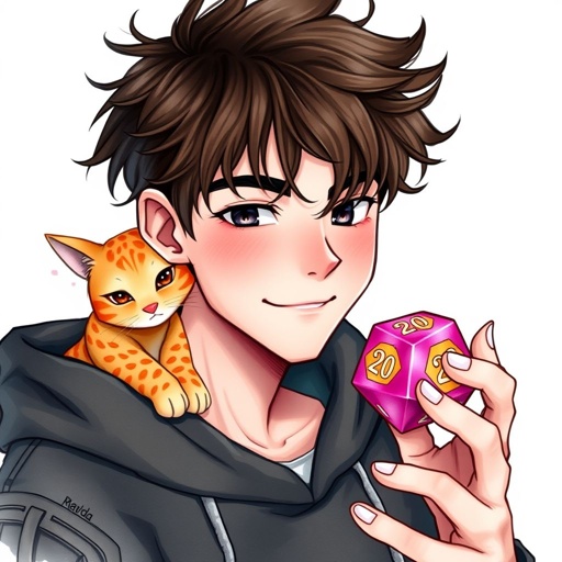 A guy with dark brown hair who holds epic looking dices normal size with 20 sides in one hand, he wears a black hoodie and he has 1 orange cat with pretty design at his shoulder, and has a small smile, his nails are not painted