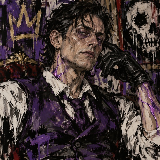 Male, slim, slight eye bags, black messy wavy hair, back hair, brushed side hair, strands of hair in the middle of forehead, ear piercing ring, gloves, purple glowing veins, purple vest, white shirt, no facial hair, bad guy, mid 40s