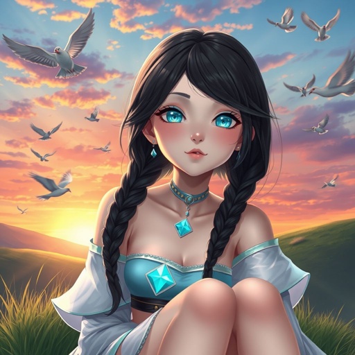 A young female with fair skin and vibrant teal eyes. Black hair with cyan tips in the form of two short braids. Wearing a goddess two-piece outfit (top and trousers) sitting on a hill watching pigeons fly from a very far distance