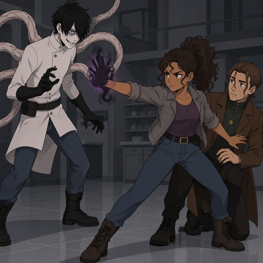Male, black messy greasy hair, thin shoulder length hair in the back, long hair in the front covering one eye, blue eyes, eye bags, veins under eyes, pale tendrils coming out of back with veins, blue pants, boots, black rubber gloves, short scientist jacket buttoned up, belt with pouch, evil smile, Female, tan skin, brown eyes, pointy nose, curly ponytail, curl in the middle of her forehead, grey jacket rolled up sleeves, jeans, boots, purple shirt, death touch, Male, brushed back slightly messy brown hair, two hair strands in face, brown eyes, brown nice jacket, green turtleneck, gold necklace, black pants, nice shoes, girl is protecting the male with brown hair from the male with black hair 