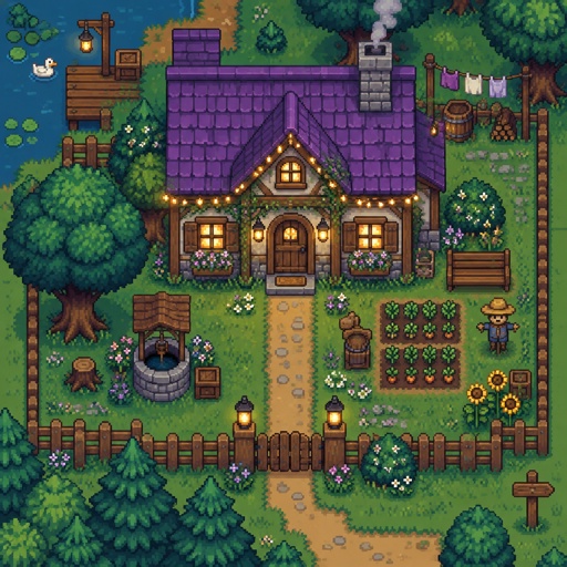 Cozy house purple roof, fairy lights for a modern fantasy game, top down style, shading and highlights 