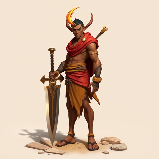 Create handsome hero  Rhen the Fire-Singer – A lean, muscular man. He wears layered, flowing desert robes dyed in warm reds and golds, with scorch marks where flames have licked them. A curved blade hangs at his hip.  Show her whole body head to toe including her shoes.