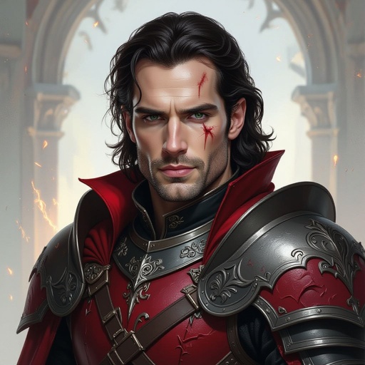 knight with his helmet off, dark hair, pale skin tone, red vampire armor, henry cavill like face, some scars