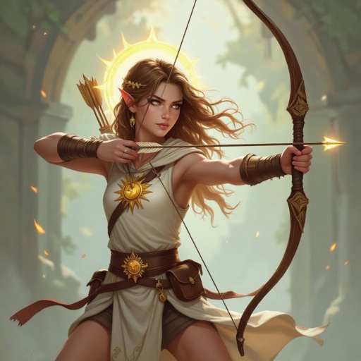 Human cleric that worships the sun god. 19 years old and quite skinny. With a bow and arrow.
