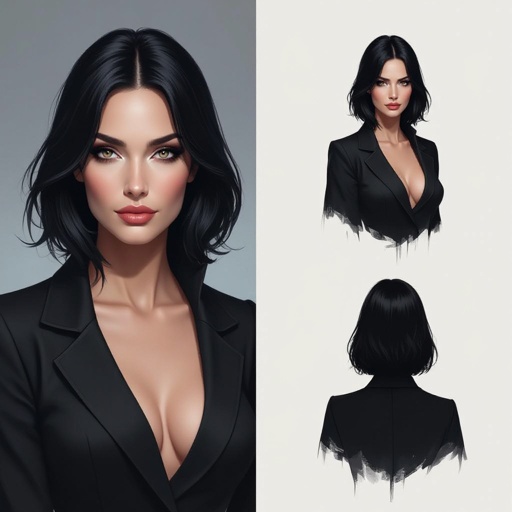 Show character head to toe. Create a mid age fantasy woman jet-black hair is cut sharpand her eyes seem to pierce through darkness. A shadowy aura clings to her form,