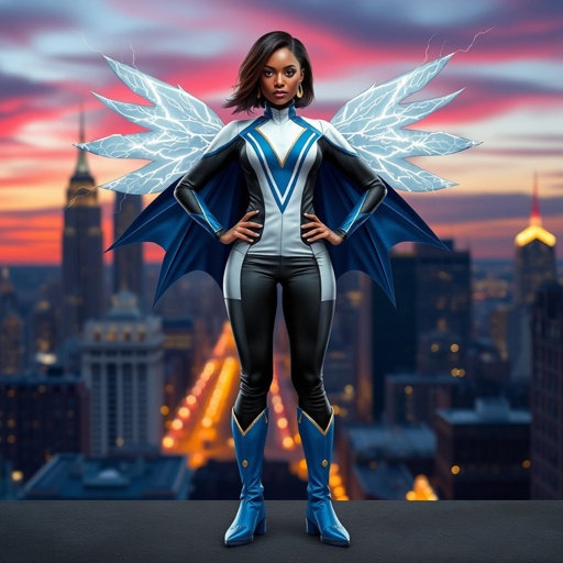 African American female superhero with shoulder length hair in a side part style and wings made of white lightning wearing a mask wearing a slightly homemade white blue and black suit with black pants with a stylized V as her chest emblem wearing blue flat boots made of gold standing in Philadelphia at dusk