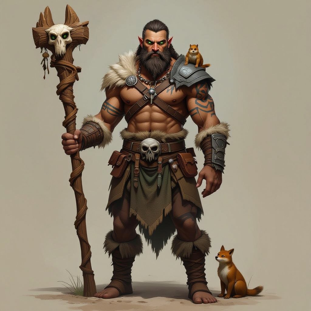 Kael the Beastbound – A rugged, broad-shouldered man with brown skin and a rough beard, wearing armor made from bone and leather. deep green eyes tattoos of animal tracks spiral down his arms. He carries a massive wooden staff carved with the shapes of beasts, and small creatures often perch on his shoulders or follow at his feet.