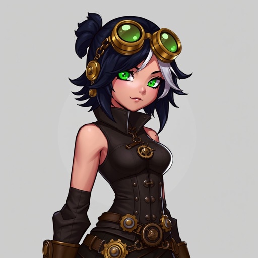 Her name is Metal Moxie. She has green eyes. She has ebony hair with a silver streak on the left side of her part. She is edgy, sharp, intelligent. She is fierce, independent and stands for justice and equality and freedom