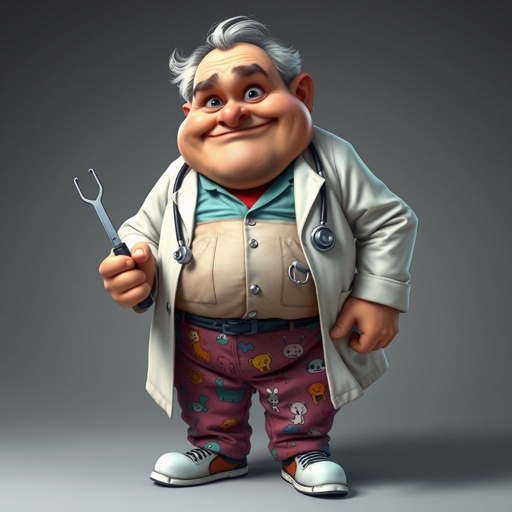 create a fat doctor. Who is funny human looking from head to toe. And he always immediately results to surgery for anything even small things. So please be sure to show his whole outfit head to toe. Make him have 1 tooth. Make it more adult humor instead of cartoon humor.