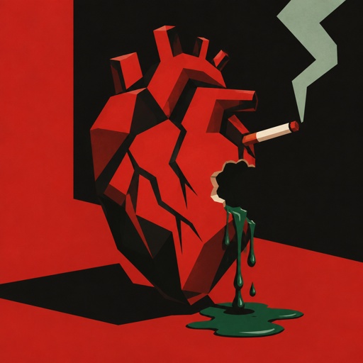 Human heart with bite out smoking and poison dripping 