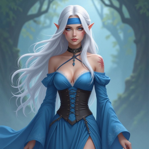 She is an Elvin wizard age 19. She is 5’6 and She has platinum hair that is long. She had a blue cover over her eyes. She has scars on her face and neck. She is wearing a blue dress to match the blind fold. The dress has two leg slits and is a corset she has flowy sleeves that cover her arms completely 