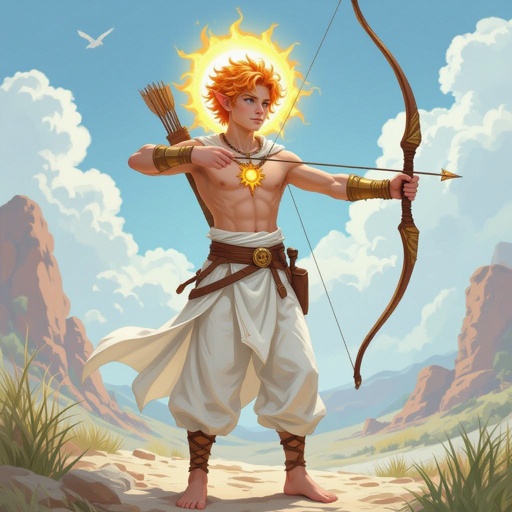 Human cleric young man that worships the sun god. 19 years old and quite skinny. With a bow and arrow.the sun gods symbol is a gauntlet on fire. Wearing a white tunic and billowy white pants. He has strawberry blonde hair and a necklace with the holy symbol of the sun god. Wearing no shoes.