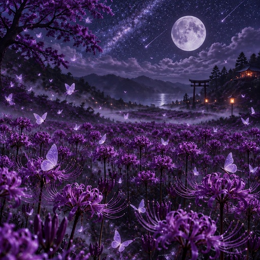 a field full of purple flowers under a full moon