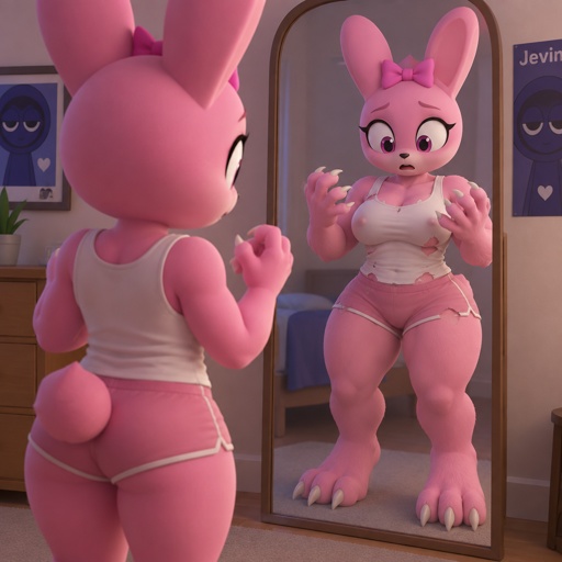 Pinki from sprunki standing in front of her mirror as she is in her kind Wererabbit form and she notices that she is getting bigger and stronger with her hands and feet transforming into Wererabbit paws claws and all with her body and her boobs getting larger with her clothes stretching to accommodate her changing body and she realises that she’s getting bigger and stronger for Jevin from Sprunki 