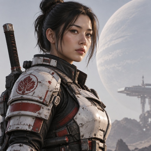 Woman in futuristic space samurai armor, 