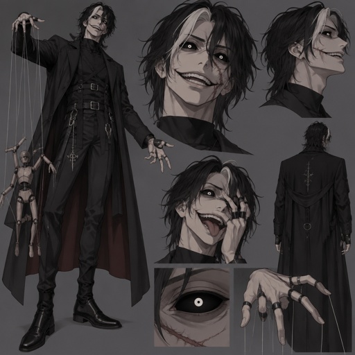 Male villain with puppeteer powers, medium length black hair, white streak in hair, simple cool villain clothes, completely black eyes with white pupils, scars, insane, unusually long mouth