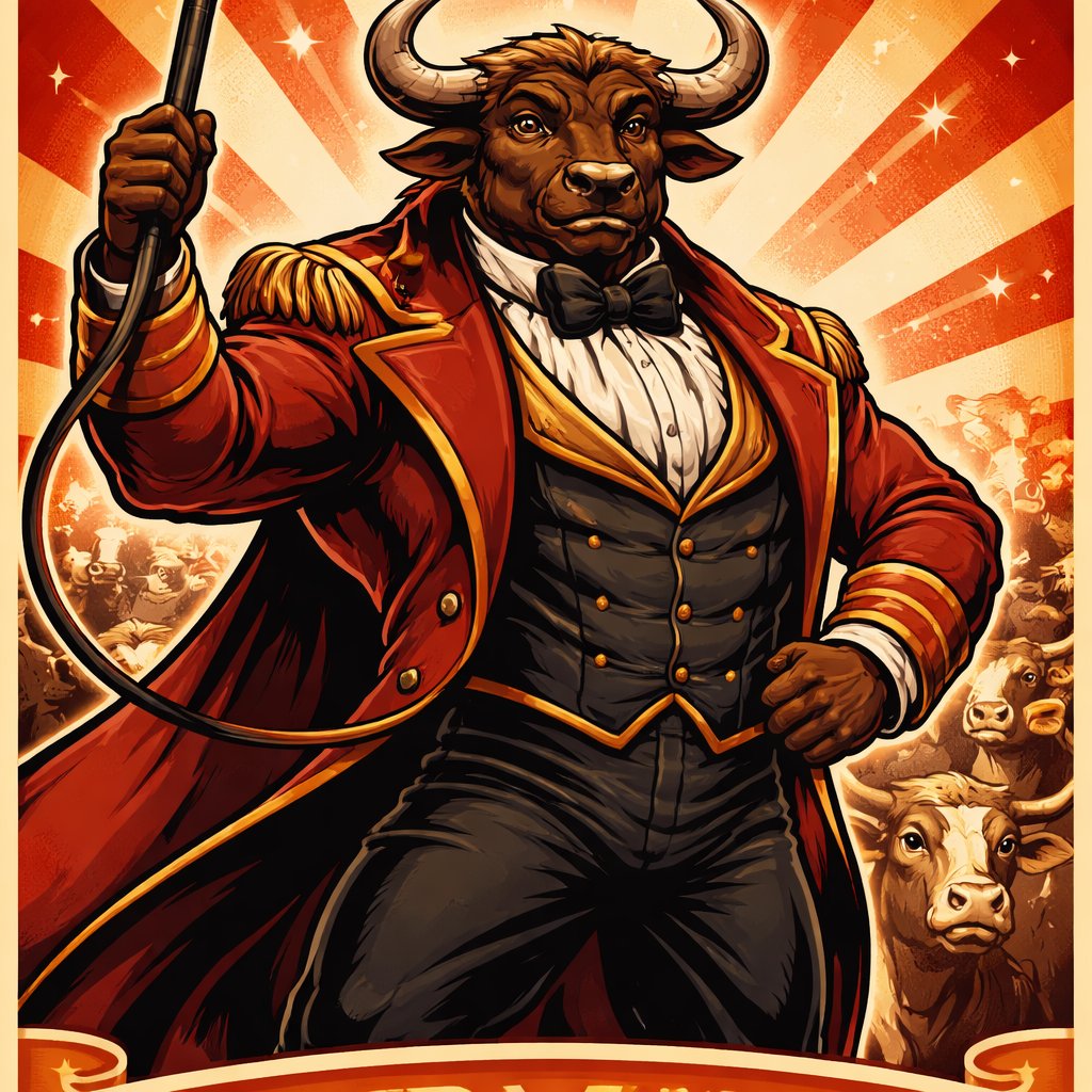 A male medium brown Minotaur with brown eyes that has a well~proportioned figure that works at freak show as the ringmaster. That has abilities of Reality Rejection, Time Manipulation (Chronokineses), Zoolingualism (Language of Cattle only), Human Speech. He’s basically a hybrid with his mother being a human with half-animal (Cretan bull) physiology and his father a Cretan Bull.