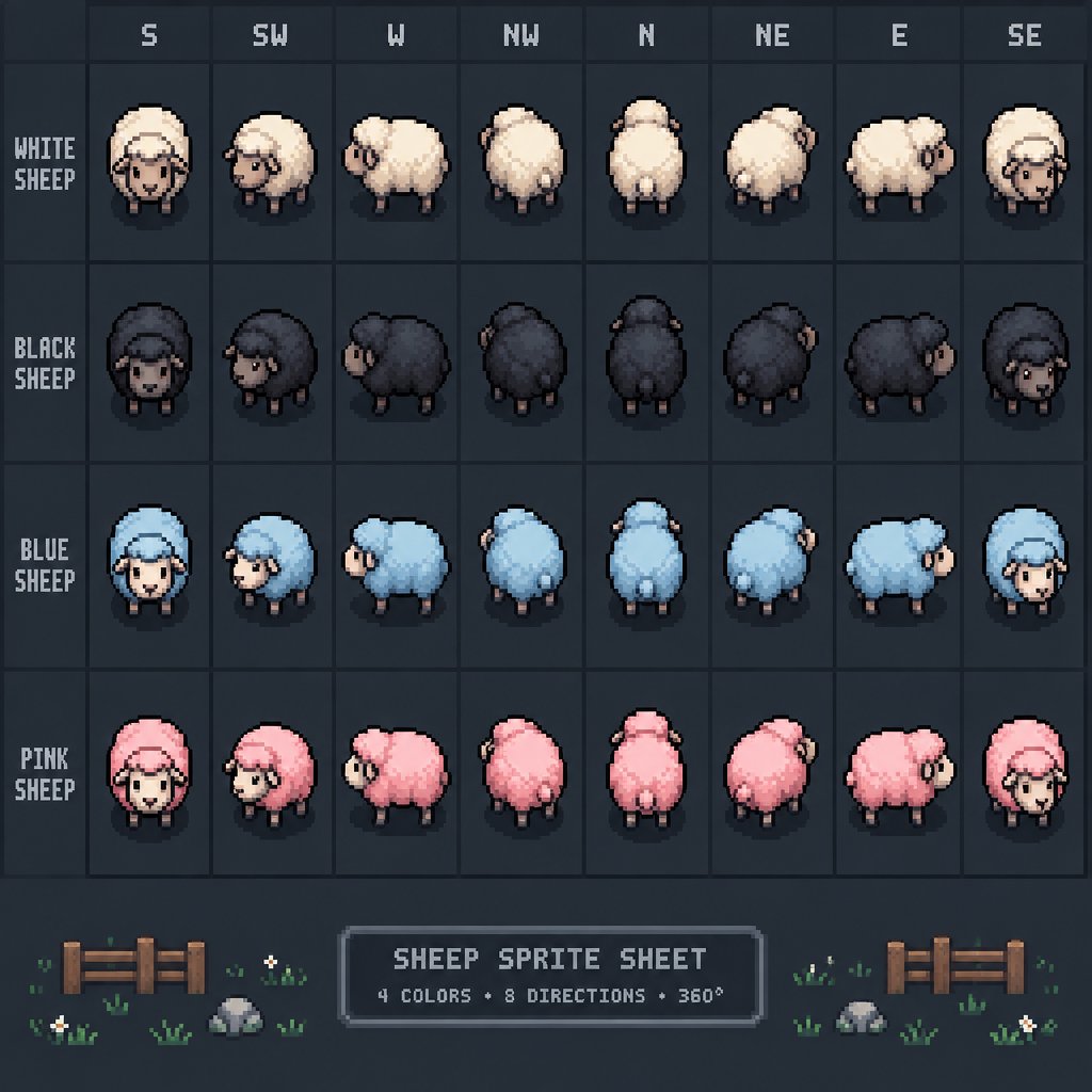 Sheep for a fantasy game set in modern times, top-down style, 360, different colors