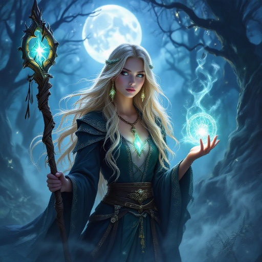 Shimmering witch with long blonde hair 