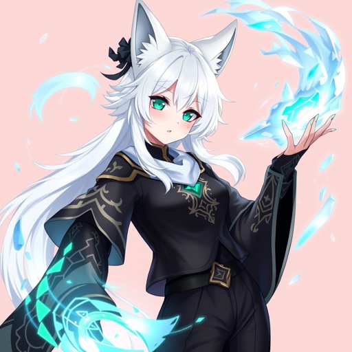 (Genshin Impact based) A pale teenage girl with a Cryo Vision wearing a royal black top and trousers with hair and small fox ears as white as snow with emerald eyes and conducting ice. She also has an ancient mythical right arm