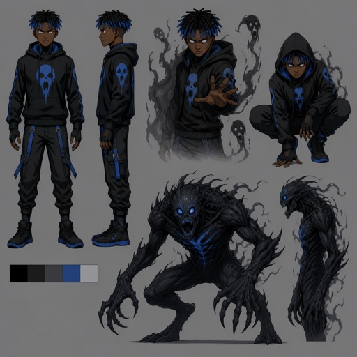 Male superhero with fear abilities, can transform into a terrifying humanoid monster, African American, teenager, dreads blue tips, multiple of the same character 