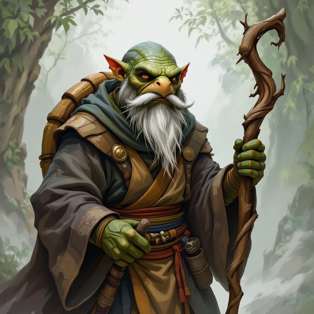 an old Tortle monk, he has a whispy mustache and a long pointy beard on his chin. His skin and shell are thick and gnarled. He is wearing classic monk robes. he is holding a wooden staff which has a curled and gnarled end at the top.