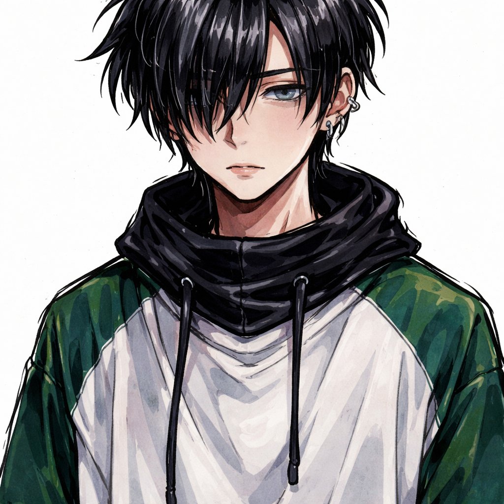 Boy 18 years, short hair, bangs on right side longer and over the eyes with middle part free hair, bangs on the left side ober the eye, hoodes gray eyes. expressionles with under sadness, obersitze tshirt with dark green part on the schoulder. and a skimask wearon only aorund the neck