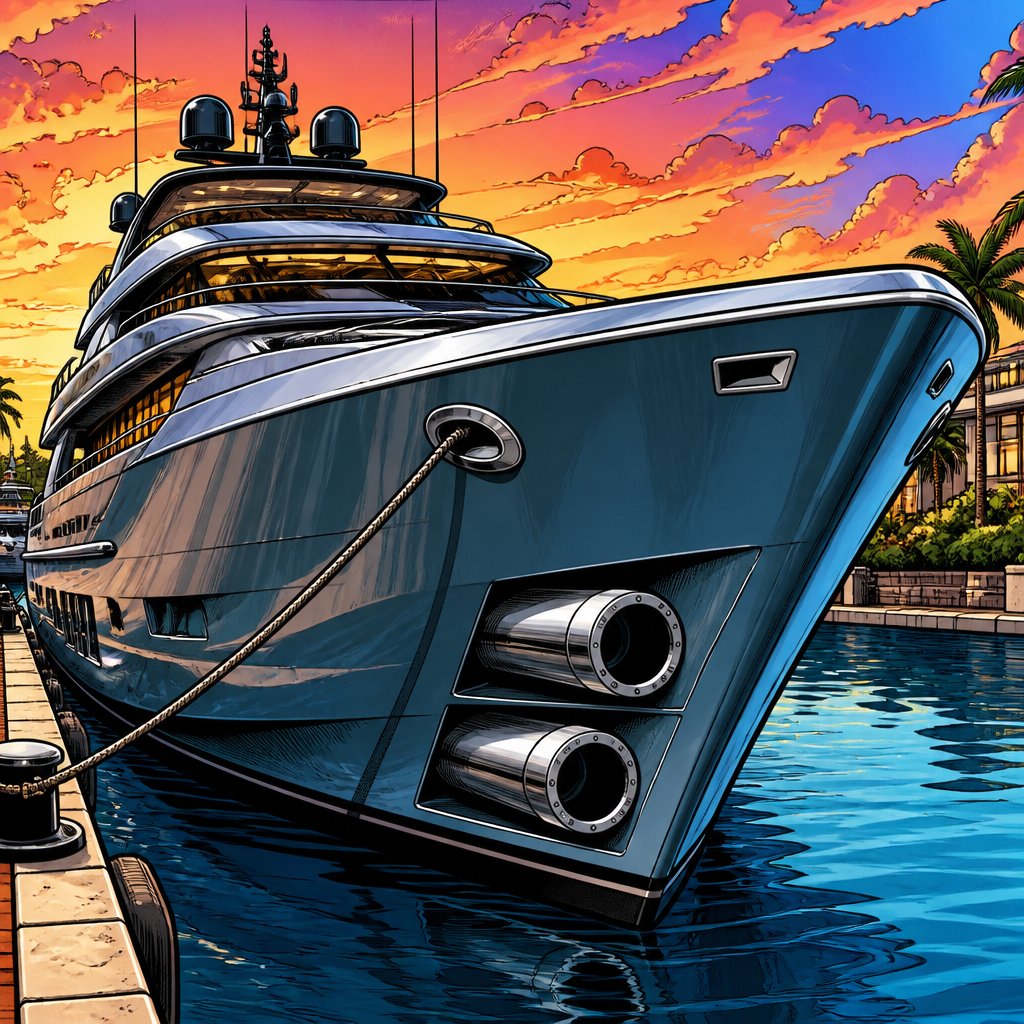 Highly realistic, Vivid colours no speech bubbles a super luxurious contemporary yacht. It is mooted and we see the bow which has double row of torpedo tubes no people no caricature no speech bubble.