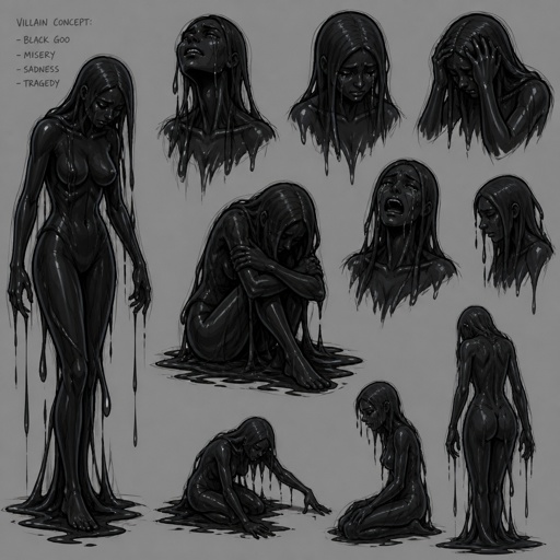 Female supervillain with black goo abilities,completely black goo body, misery, sad, multiple of the same character 