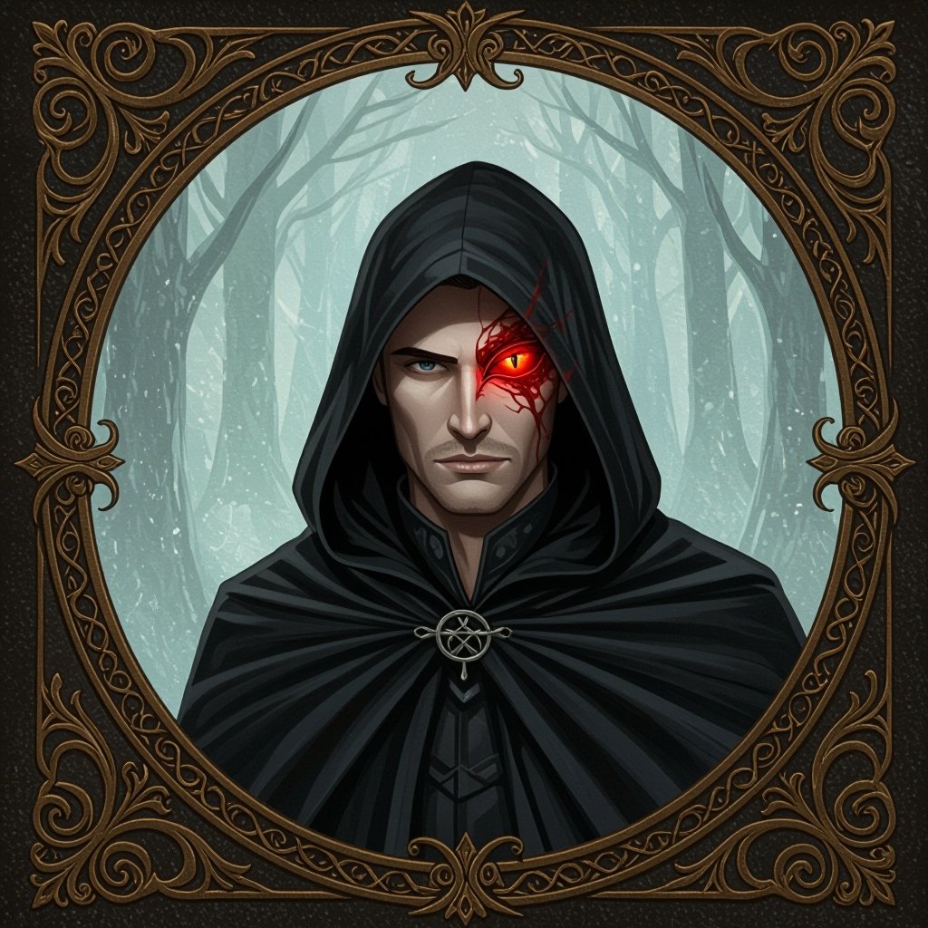 A man in a black cloak hiding his appearance in a veil of darkness behind the veil of his cloak is a single open blood red dragon eye were his left eye would be