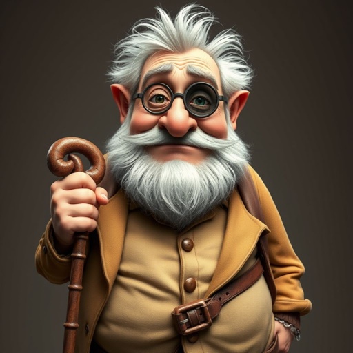 Create a grouchy funny old character who has 1 eye patched. Make him fat with a cane. Show his whole character head to toe in image 