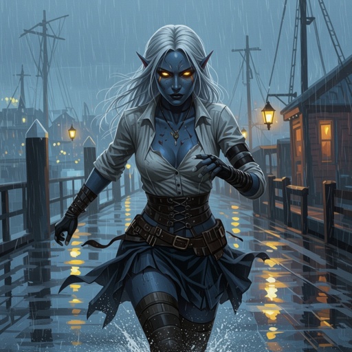 A painting of Maerriss Nex, Drow (Half-Elf) woman inspired by Emma Watson, running across the wet docks of Eendood in the pouring rain. Her skin is light ash-gray with faint violet undertones, and her eyes glow pale molten-gold with gray sclera. Her white-silver hair is loose, tangled, and soaked by wind and rain, whipping behind her.  She wears a pale linen frilled blouse, visibly worn from her escape — the right shoulder seam torn, exposing only her collarbone, while the sleeves are dirt-stained, frayed, and ripped from catching on splintered docks.  Her slate-gray reed-weave skirt follows the high-waisted, thigh-length pleated design from the reference: structured waistband, deep vertical pleats, and natural motion as she runs. The skirt is wet, heavy, and frayed at the edges with small tears at the hem.  Her white thigh-high stockings are muddy and torn at one knee. She is missing her left boot, revealing a bare, wet, muddy foot, while her right boot remains laced, scuffed, and soaked.  Rain glistens on the wooden planks beneath her as brass lanterns cast warm reflections across the puddles and fog. Her expression is fierce and determined, caught mid-stride, her blouse and skirt flaring with the motion, the storm wind and lantern glow giving the scene cinematic energy and realism.   Run it