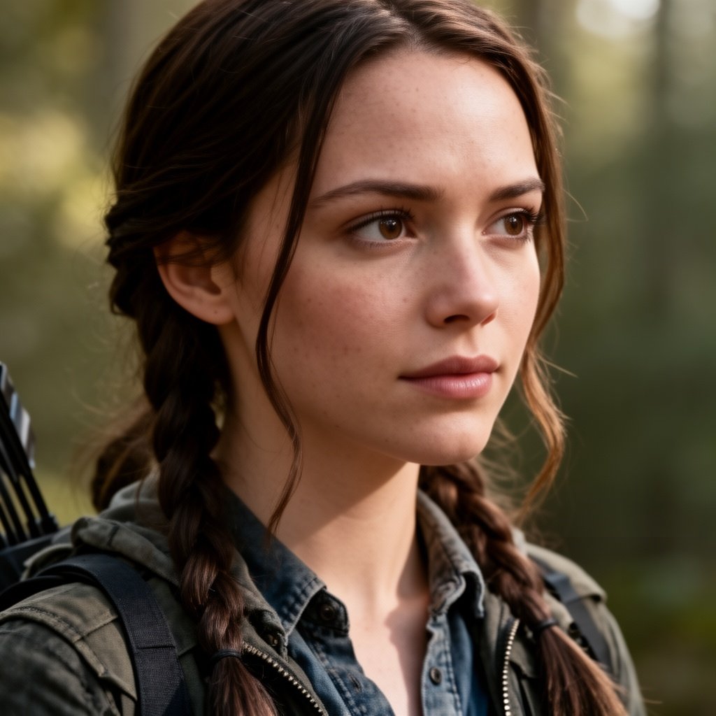 Kaatiness Everdeen in 2018 to 2021 style clothes up close sideways portrait from a photoshoot