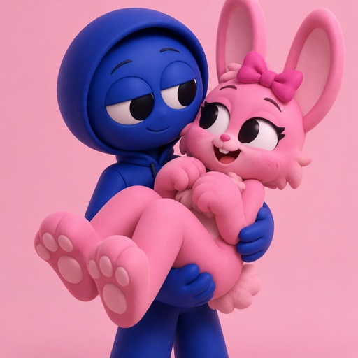 Pinki from Sprunki as her wererabbit self in Jevin from Sprunkis arms with her hands and feet being the stronger paws of her Wererabbit form