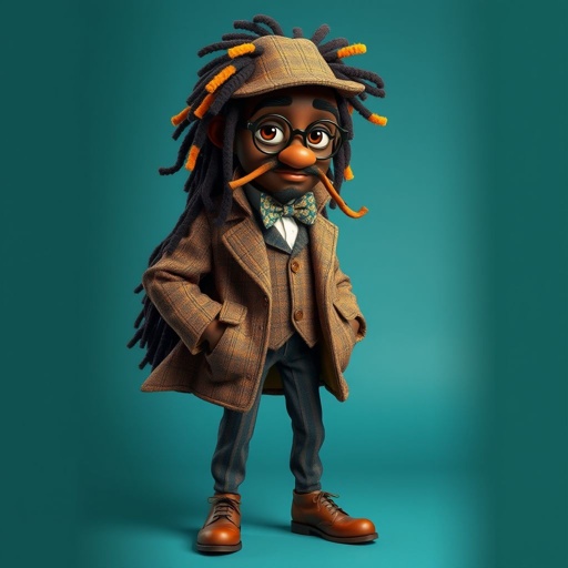Create a funny character similar to Sherlock Holmes, but make him of black decent and with dread locks. Show his whole outfit including his shoes.
