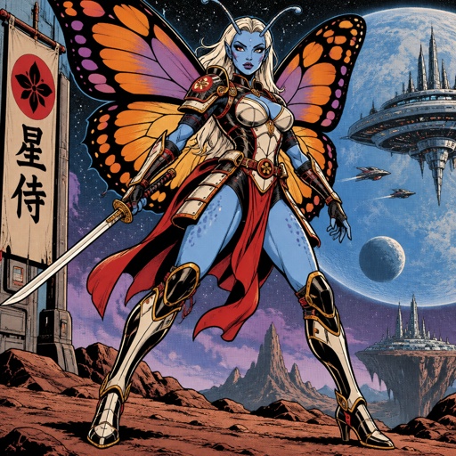 A gorgeous alien butterfly woman in a futuristic space samurai armor. Show whole body. 
