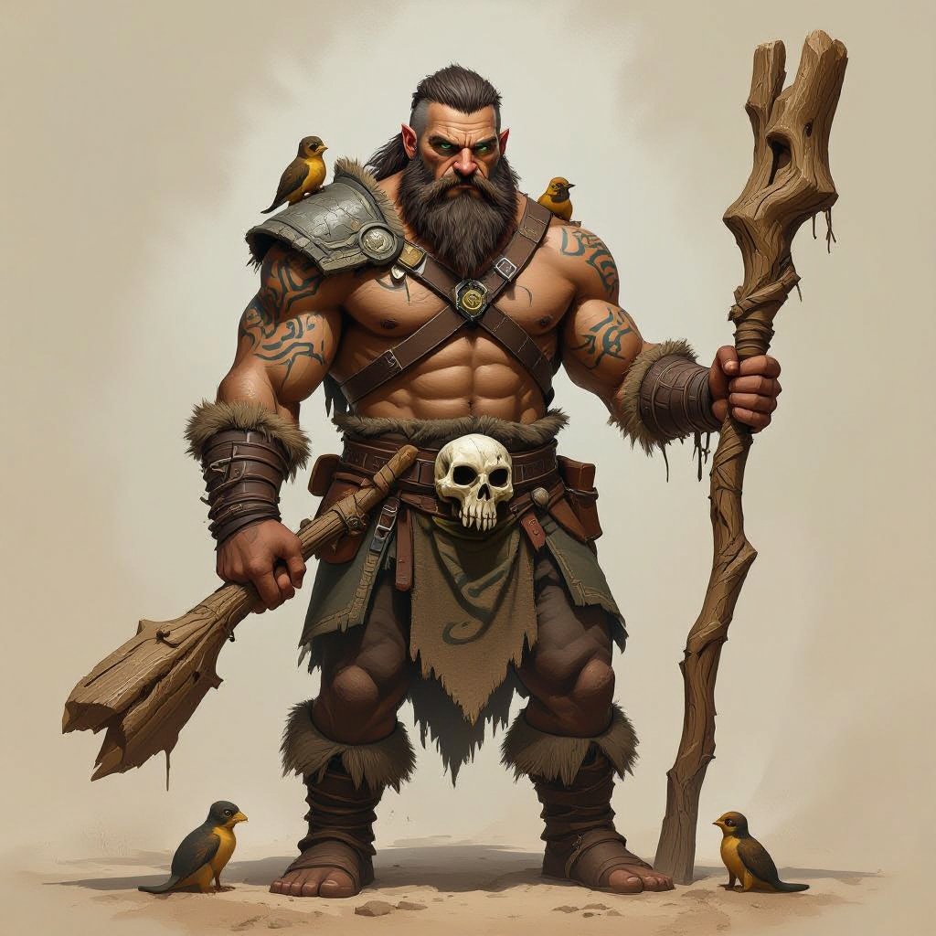 Kael the Beastbound – A rugged, broad-shouldered man with brown skin and a rough beard, wearing armor made from bone and leather. deep green eyes tattoos of animal tracks spiral down his arms. He carries a massive wooden staff carved with the shapes of beasts, and small creatures often perch on his shoulders or follow at his feet.